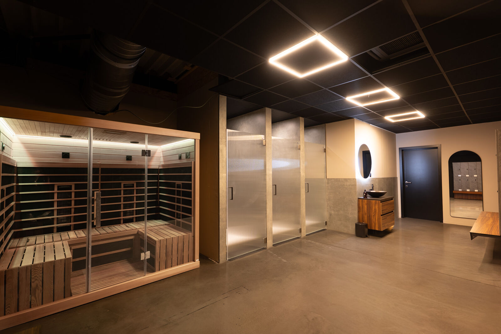 The sauna with its glass wall